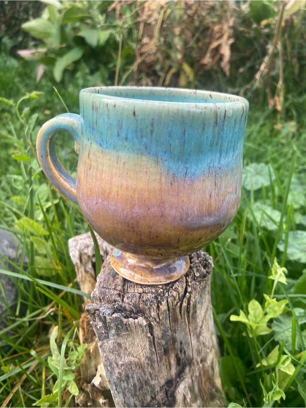 Handcrafted Ceramic Footed Mug in Turquoise and Brown by